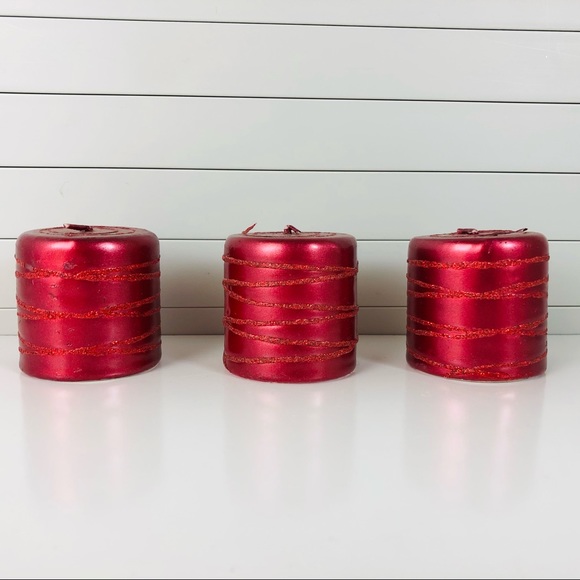 NWT Pottery Barn Set of 3 Red Glitter Pillar Candles - Picture 2 of 3